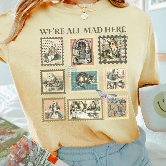 Tops - Alice in Wonderland Vintage Postage Stamp Shirt Were All Mad Here Mad Hatter tee